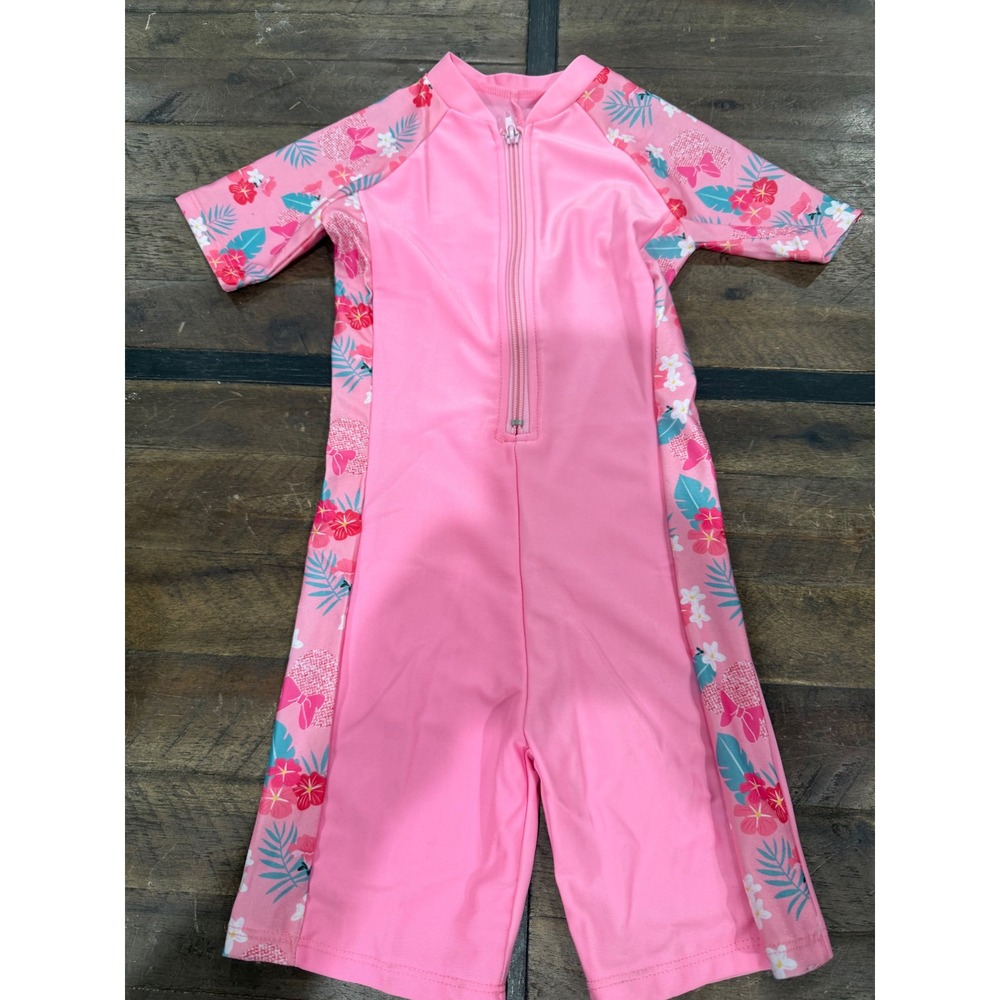 Girls Pink Floral One Piece Rash Guard Swimsuit Short Sleeve Sunsuit Size L